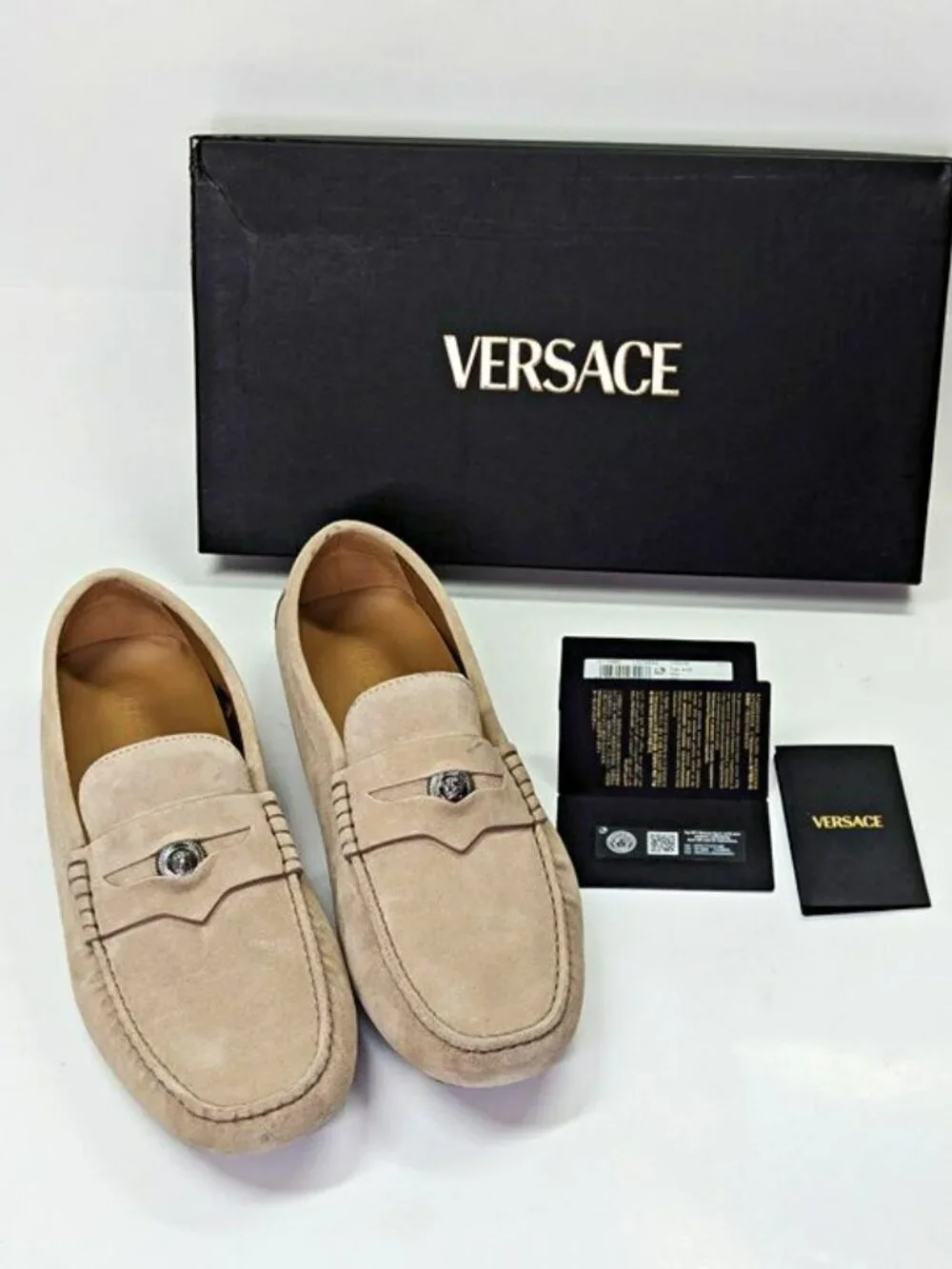 Versace Men's Medusa Coin Penny Driving Loafer in Light Sand Rutenio Size 42.5